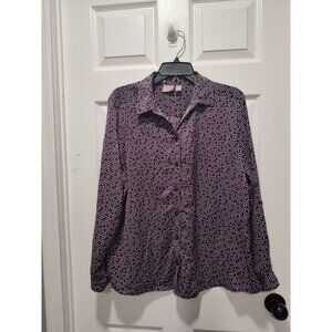 Chicos Size 3 XL/16 Purple White Ditsy Geo Roll Tab LS‎ Buttonup Top Classic EUC